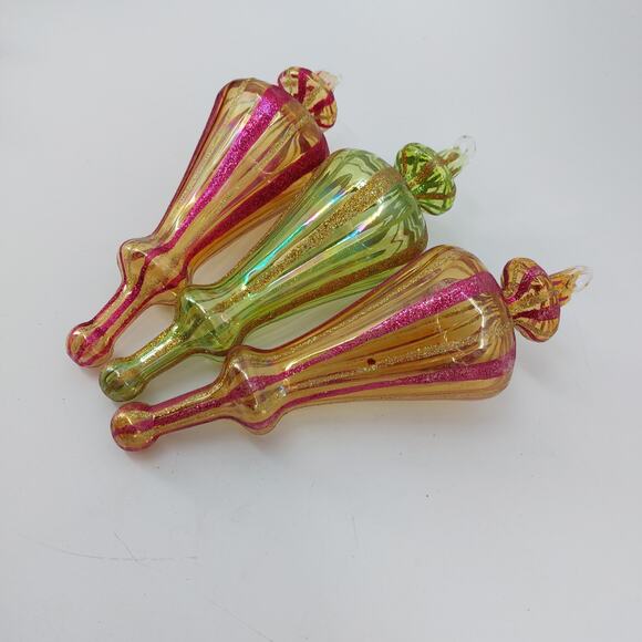 (3) Vtg Art Blown Glass Drop Christmas Ornament Pink Green - Picture 11 of 16